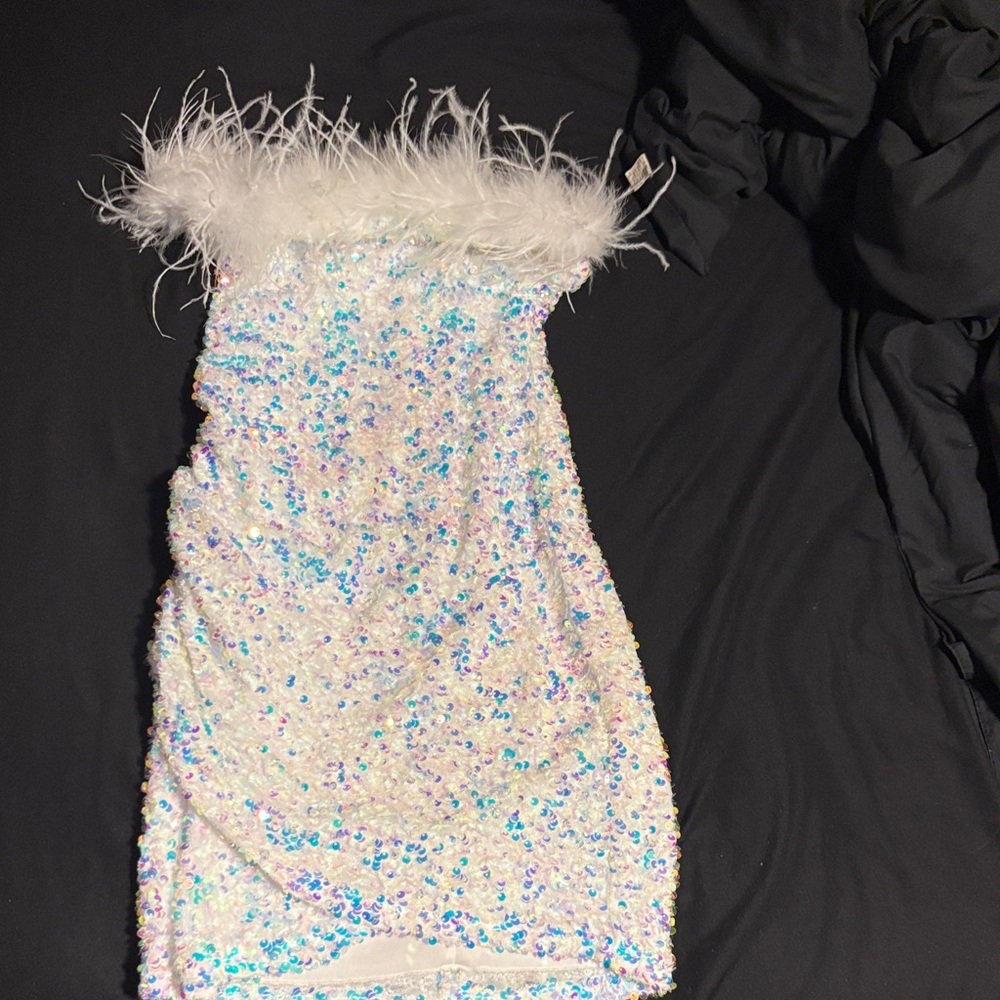 Windsor Iridescent Sequin Kids Dress with Feather Detail